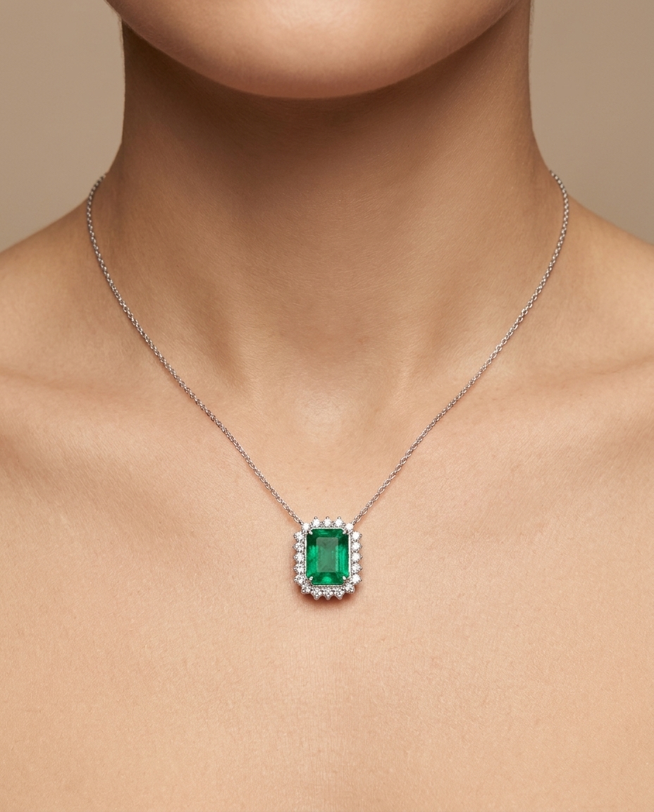 18KT White Gold Diamond and Emerald Pendent on model