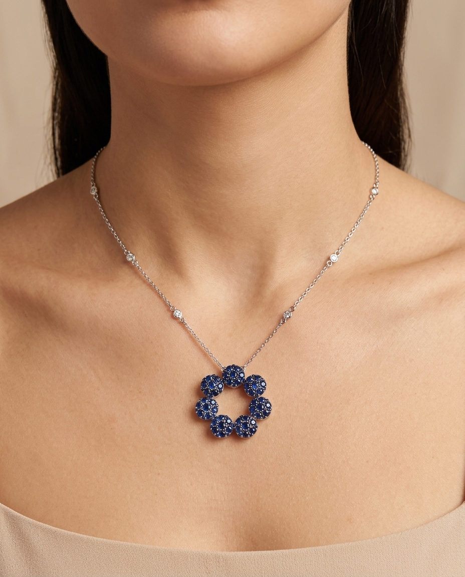 18KT White Gold Diamond and Blue Sapphire Necklace on model