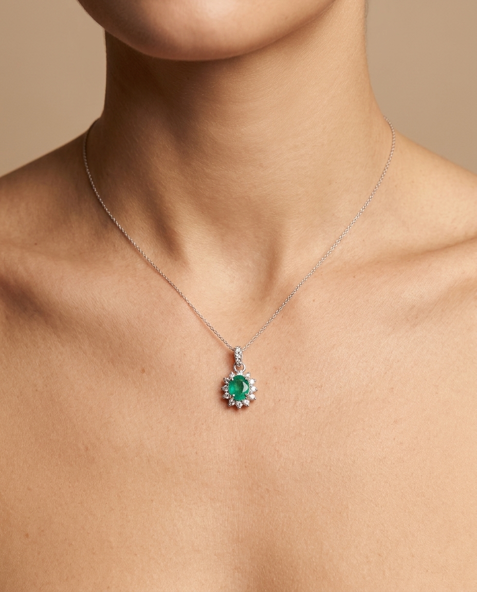18KT White Gold Diamond and Emerald Pendant view 2