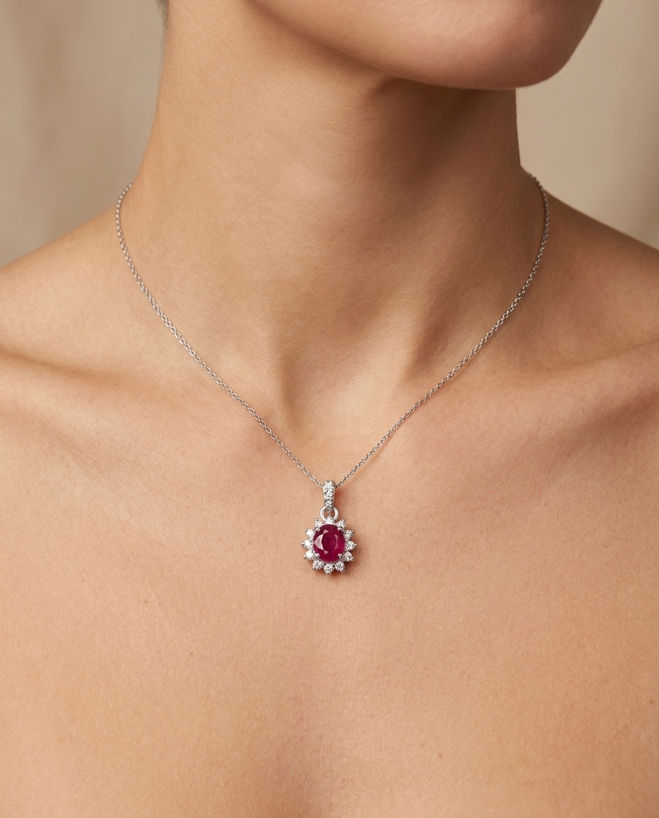 18KT White Gold Diamond and Ruby Pendant view 2