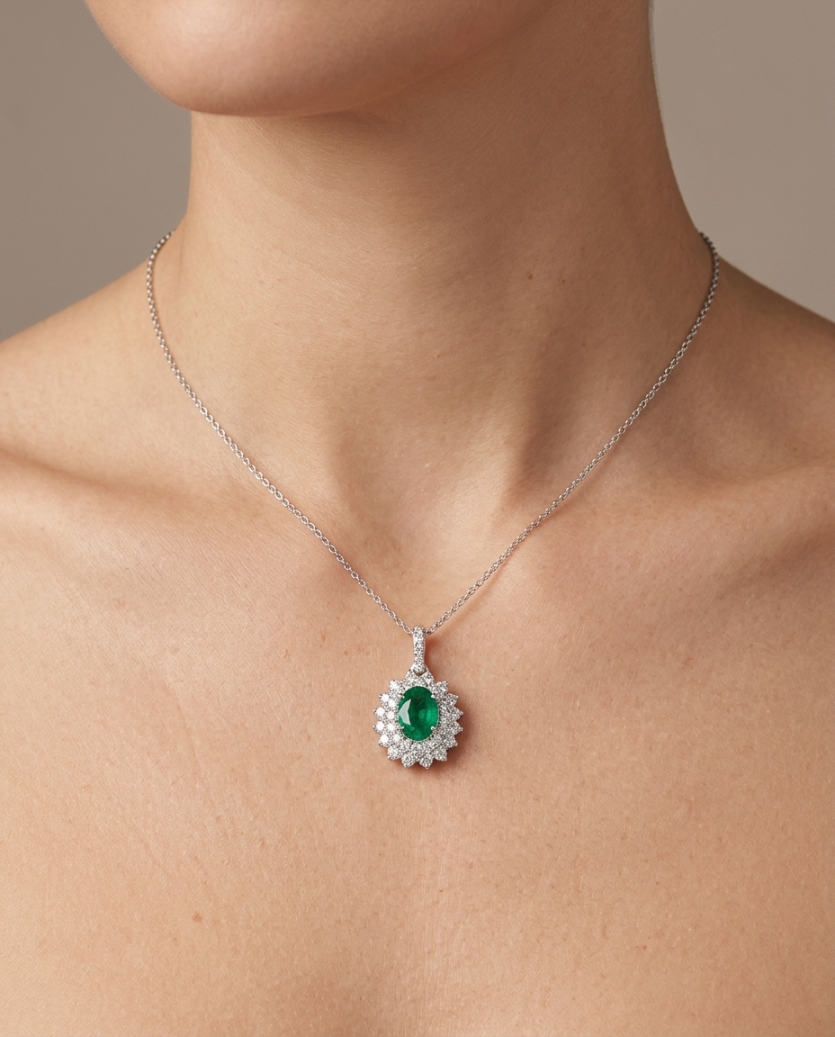 18KT White Gold Diamond and Emerald Pendent on model