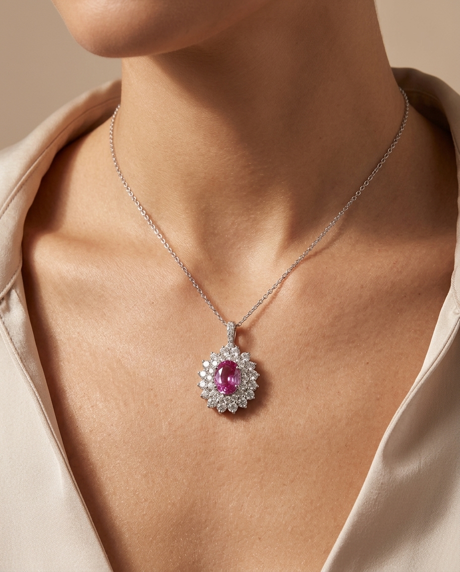 18KT White Gold Diamond and Pink Sapphire Pendent on model
