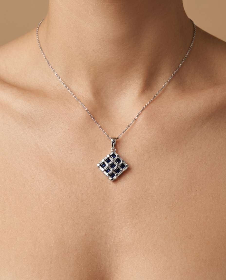 18KT White Gold Diamond and Sapphire Pendent view 2