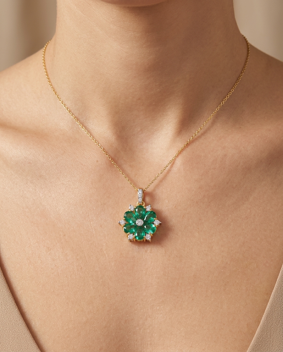 18KT Gold Diamond and Emerald Flower Pendent on model
