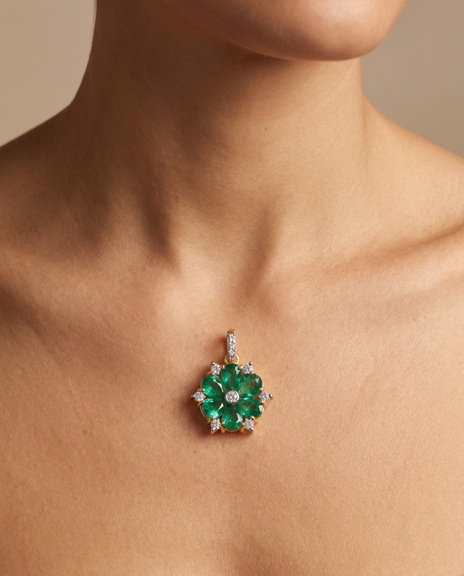 18KT Gold Diamond and Emerald Flower Pendent view 2