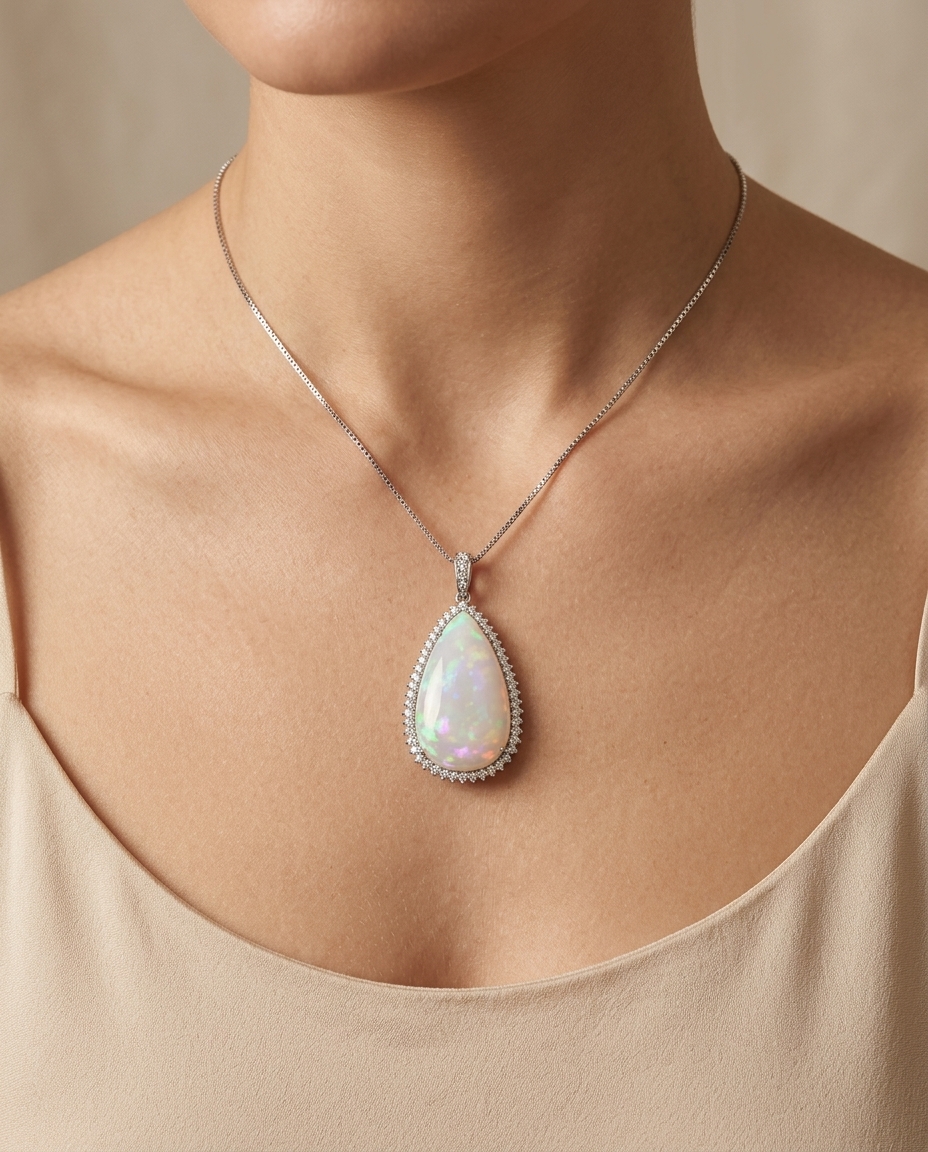 14KT White Gold Opal Pendant with Diamonds view 2