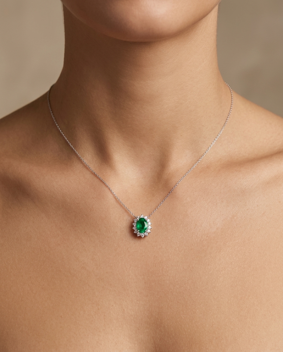 18KT White Gold Diamond and Emerald Pendent view 2