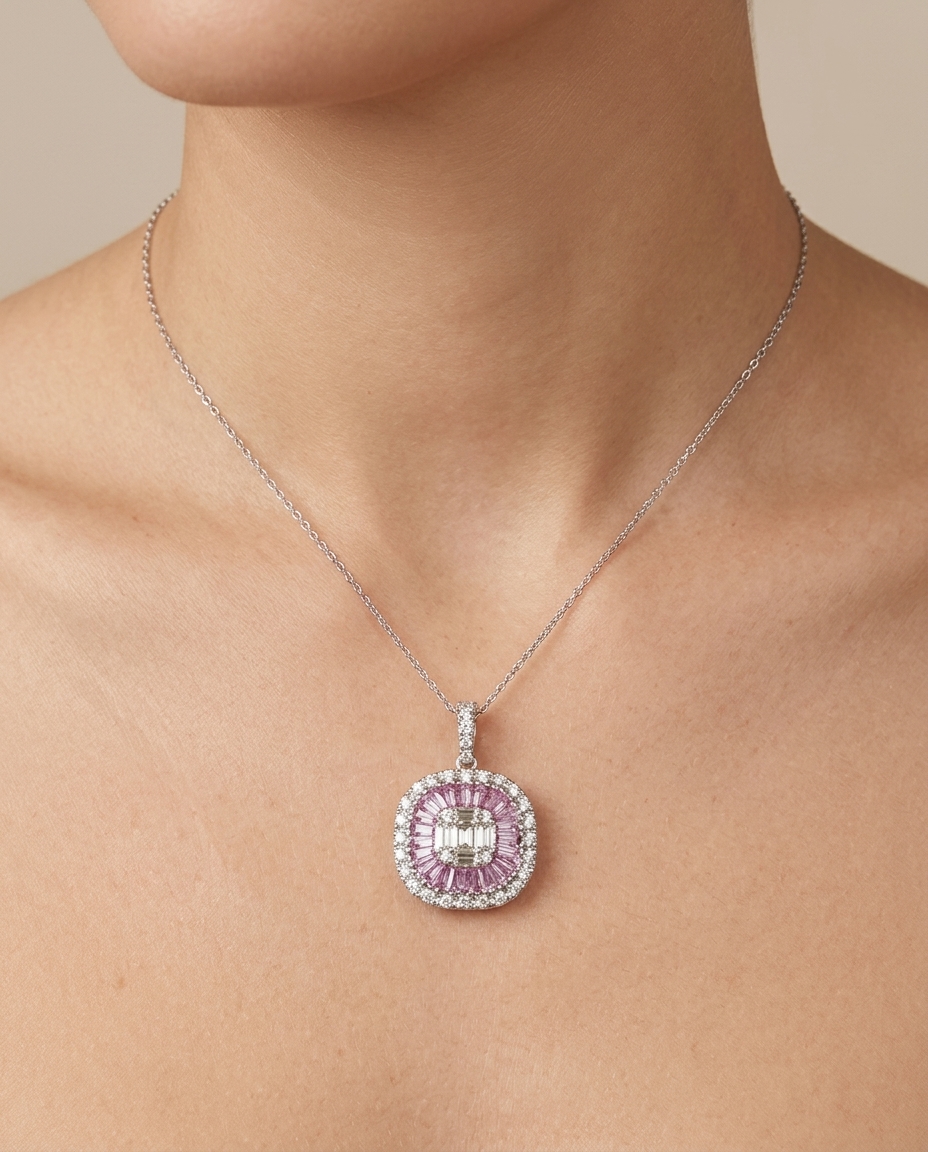 14KT White Gold Pink Sapphire and Diamonds Pendant view 2