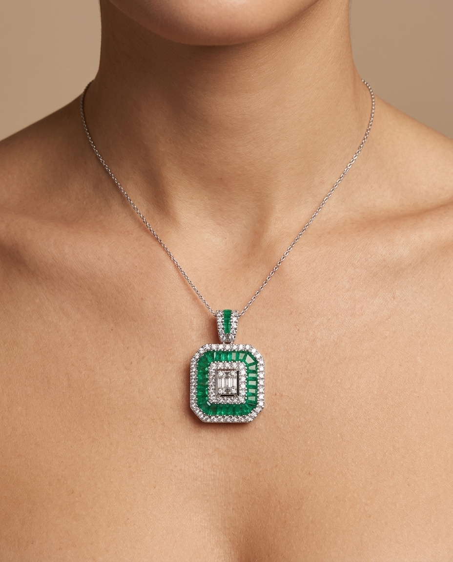 14KT White Gold Emerald and Diamonds Pendant on model