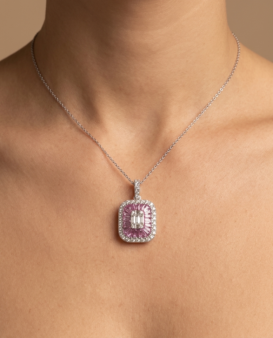 14KT White Gold Pink Sapphire and Diamonds Pendant on model