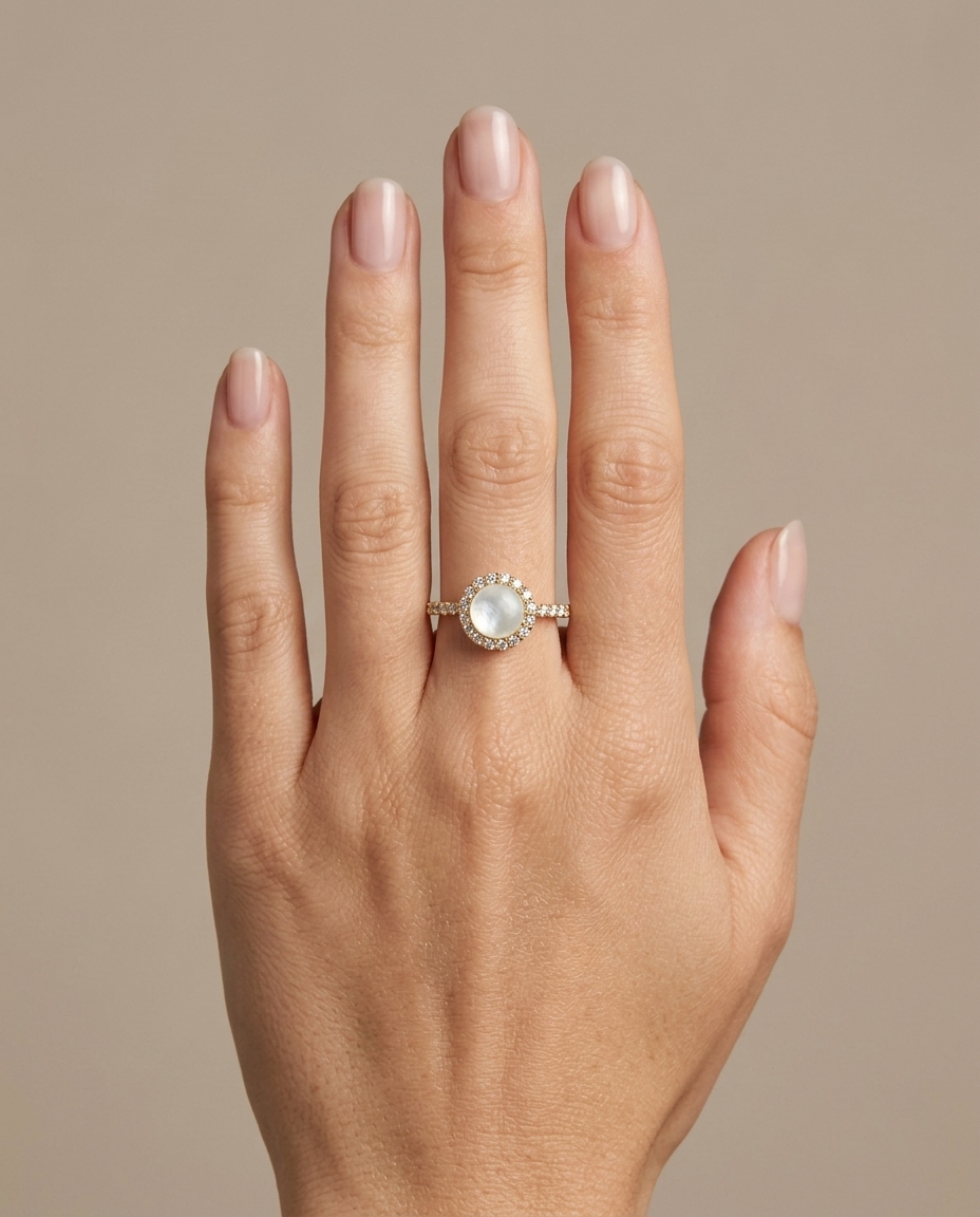 14KT Yellow Gold Mother of Pearl and Diamonds Ring on model
