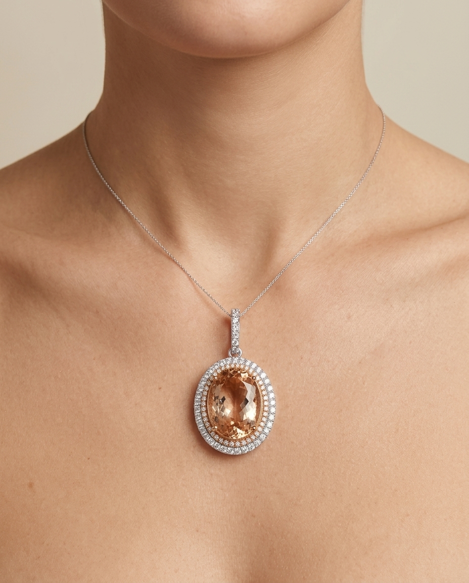 14KT White and Rose Gold Morganite and Diamond Pendent view 2