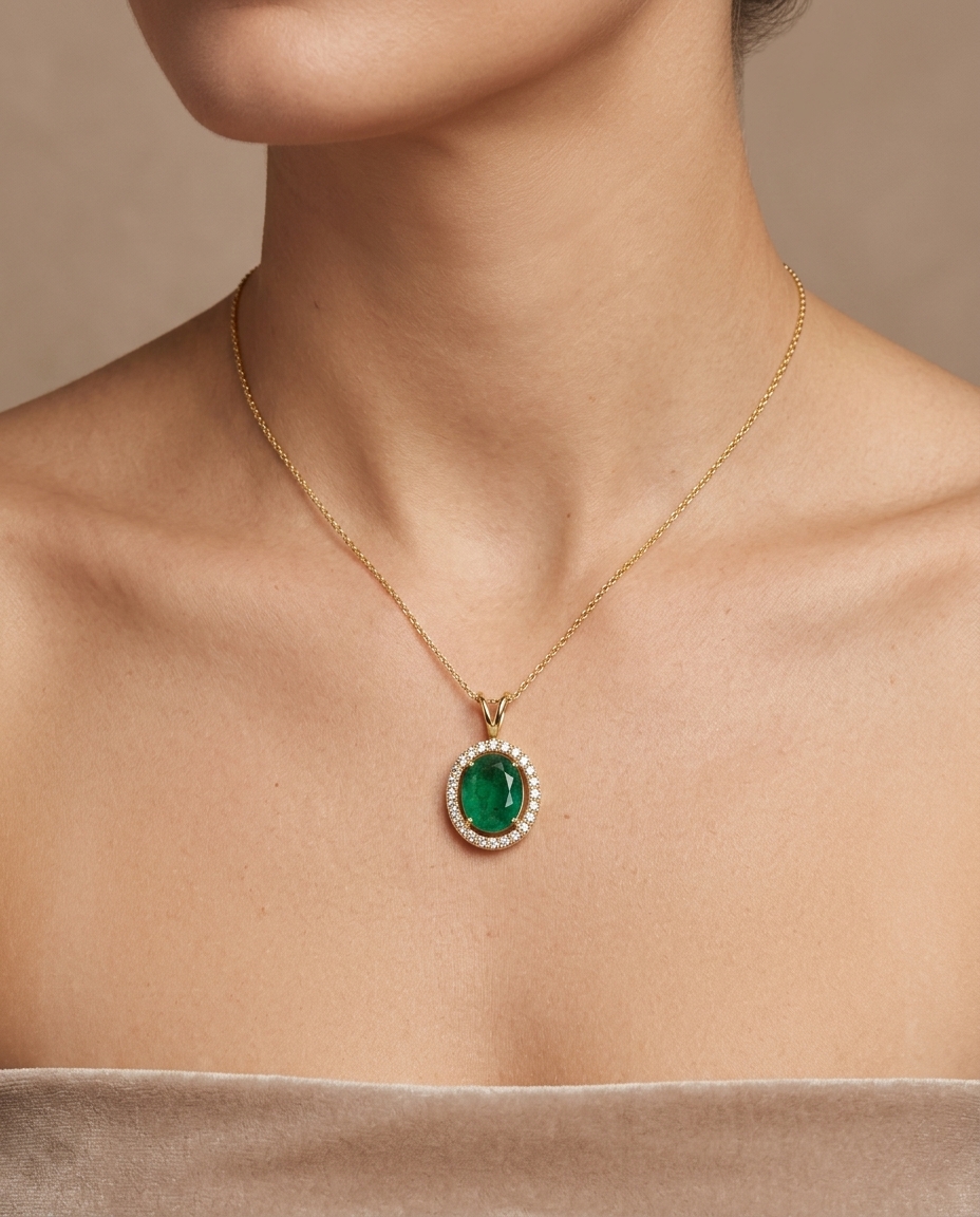 14KT Yellow Gold Diamond and Emerald Oval Shape Pendent on model