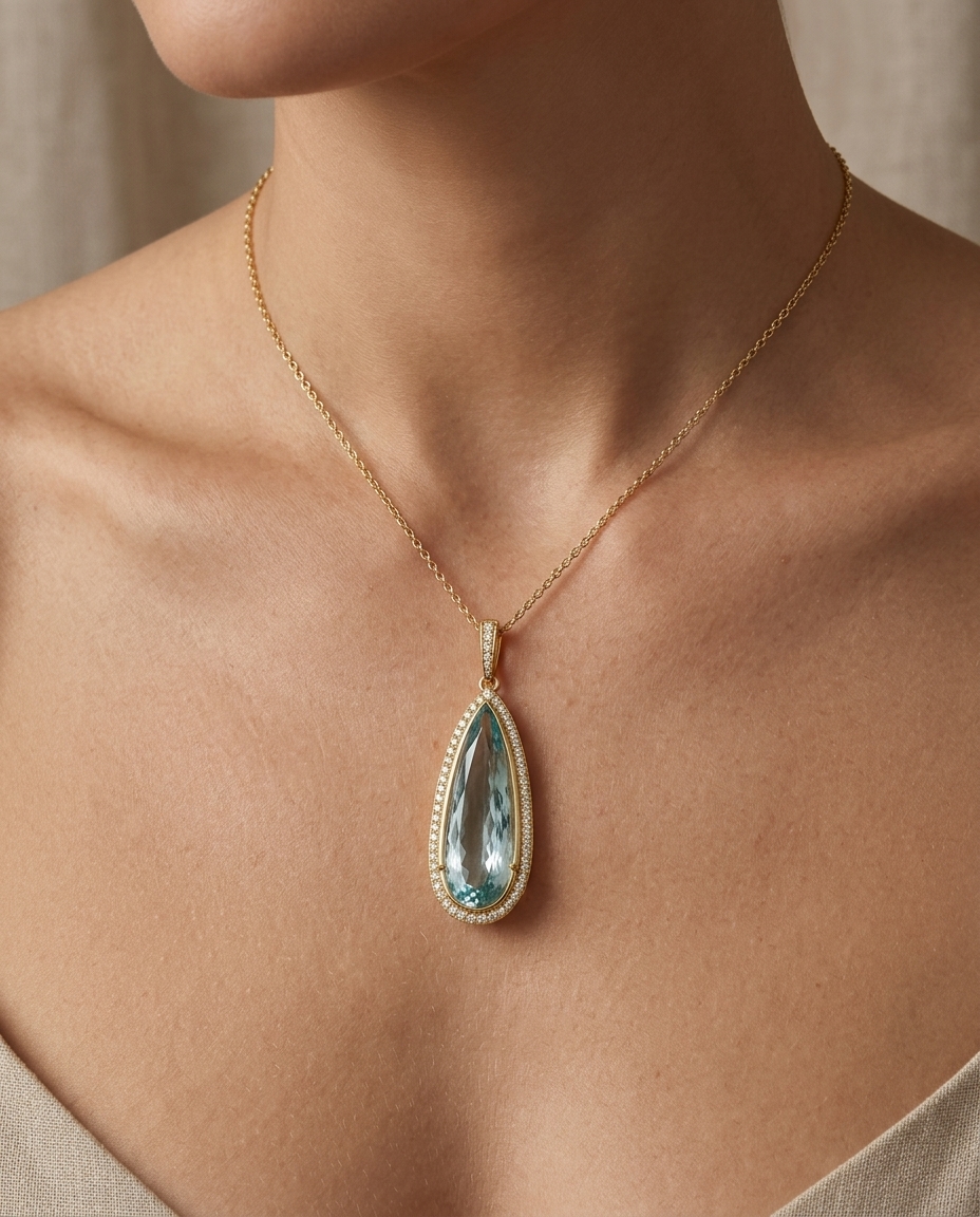 14KT Yellow Gold Aquamarine and Diamonds Pendant view 2