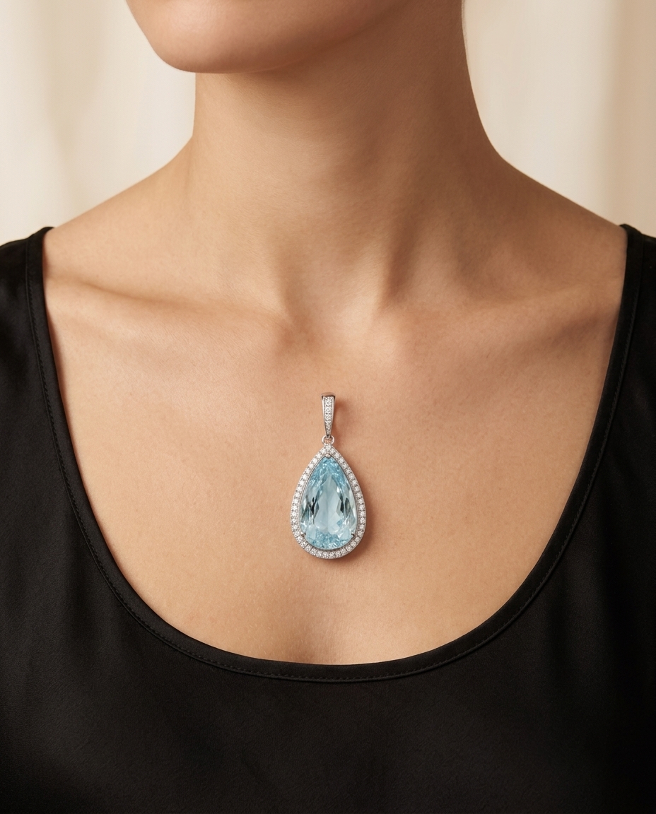 14KT White Gold Aquamarine and Diamonds Pendant on model
