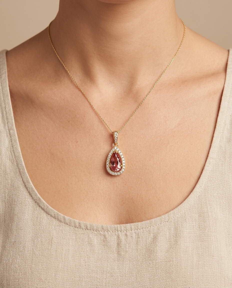 14KT Gold Topaz and Diamonds Pendant on model