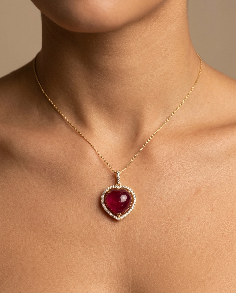 14KT Yellow Gold Ruby and Diamonds Heart Pendant on model
