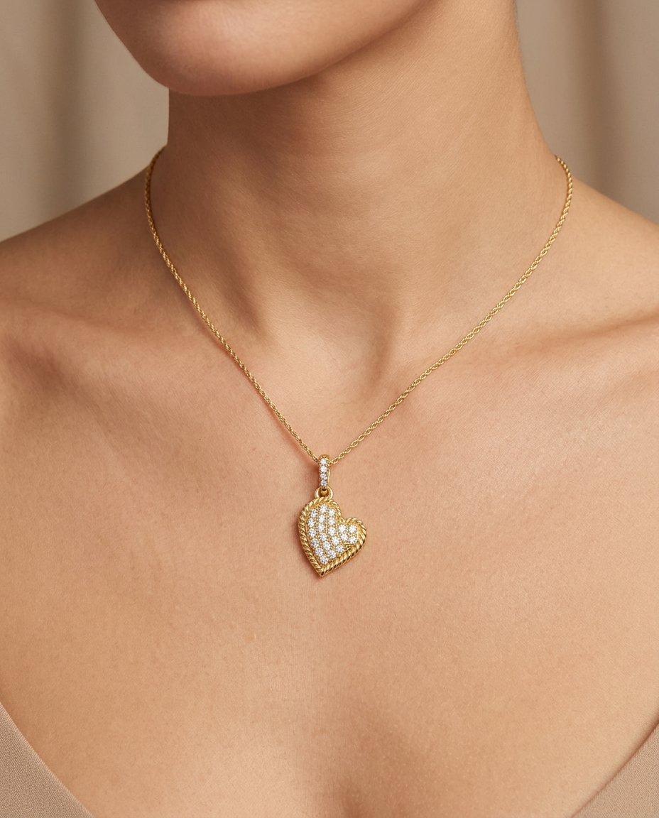 14KT Gold Heart Pendant with Diamonds on model