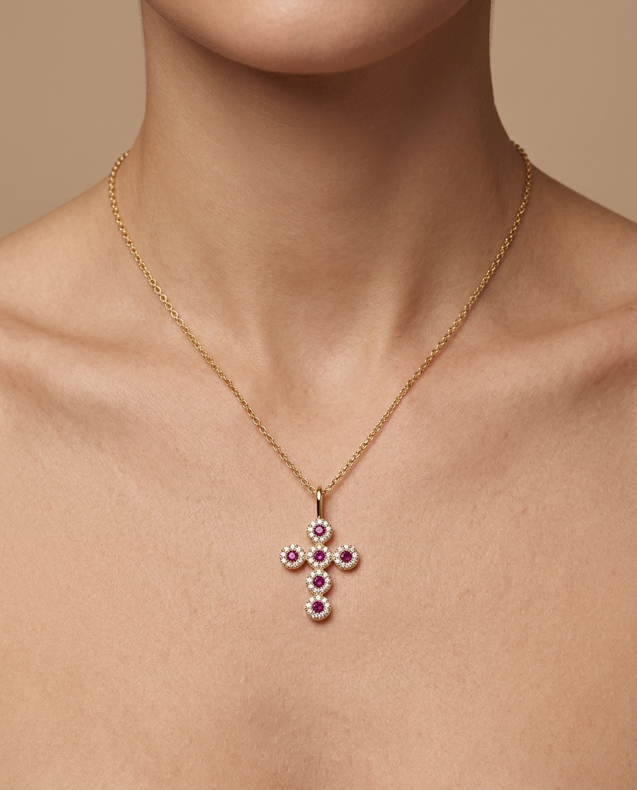 14KT Gold Ruby and Diamonds Cross Pendant view 2