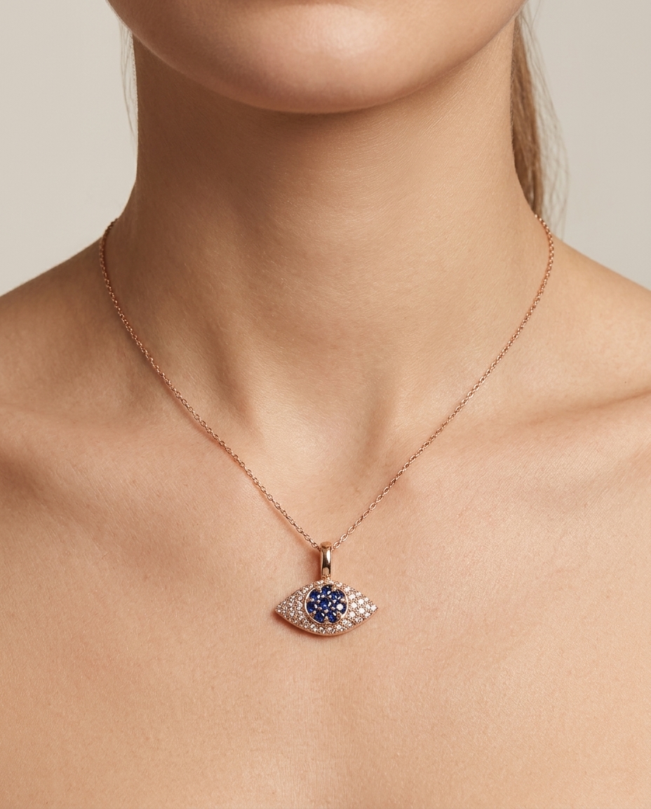 18KT Gold Evil Eye Blue Sapphire Pendant with Diamonds view 2