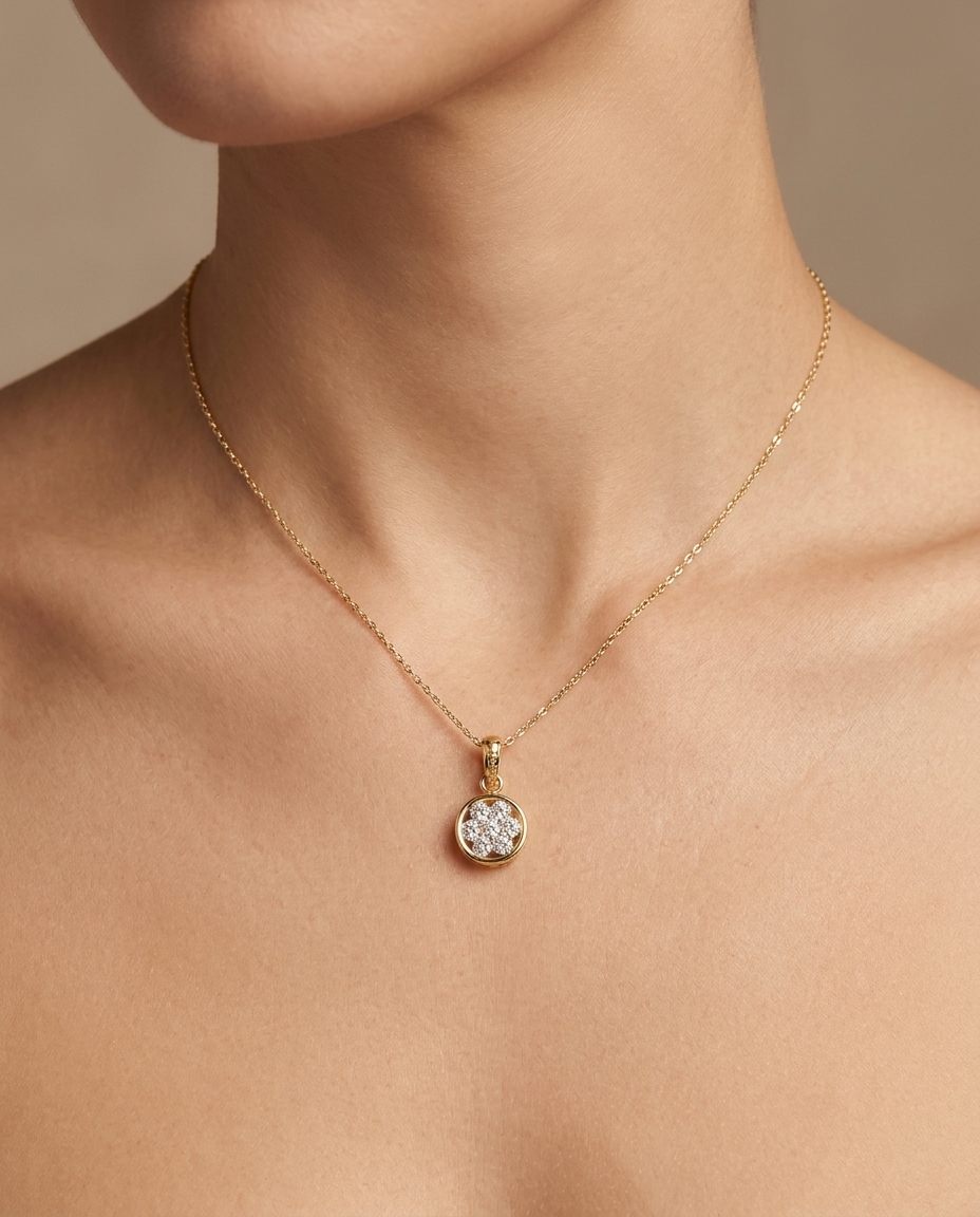 18KT Gold Diamonds in Circle Pendant on model
