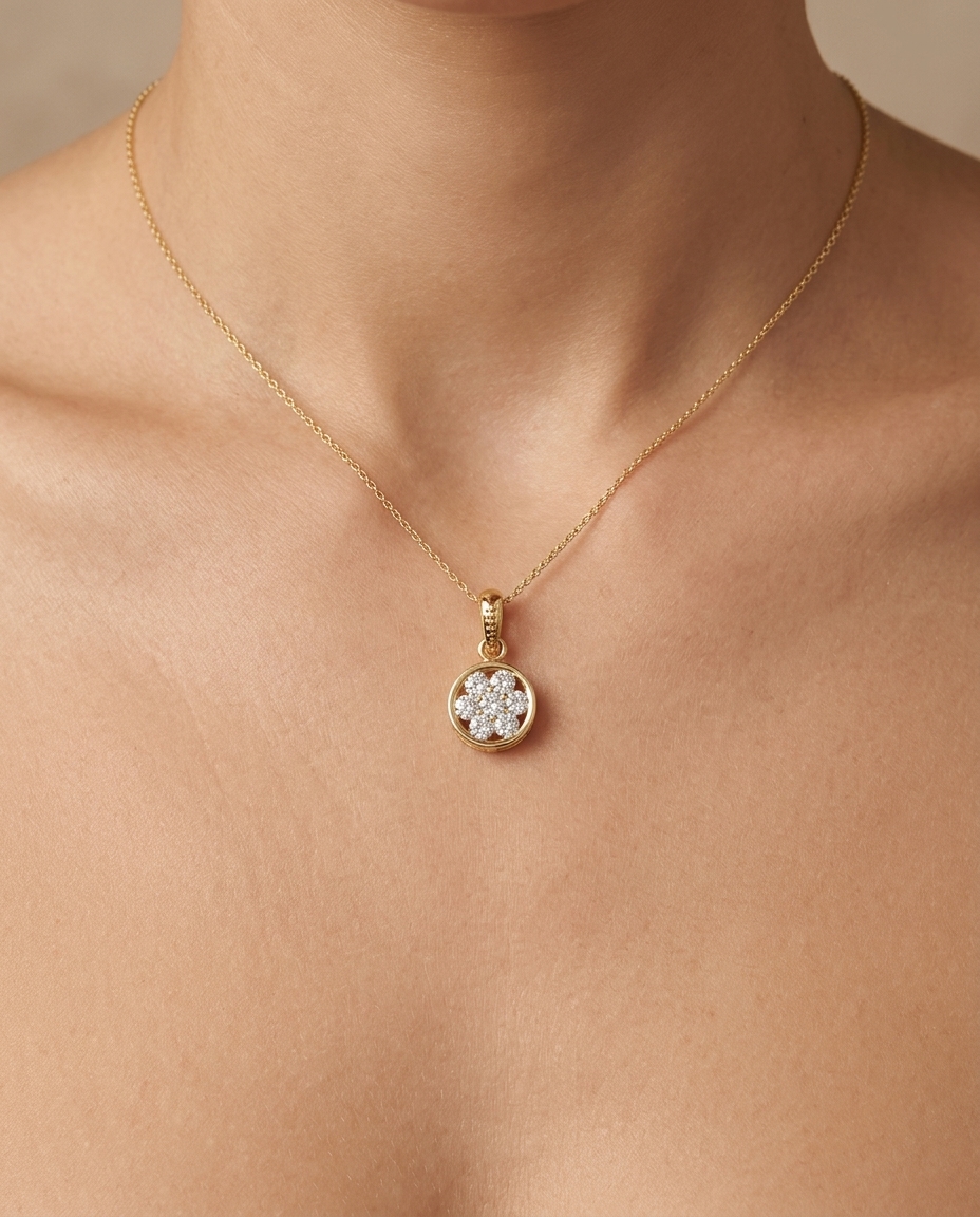 18KT Gold Diamonds in Circle Pendant on model