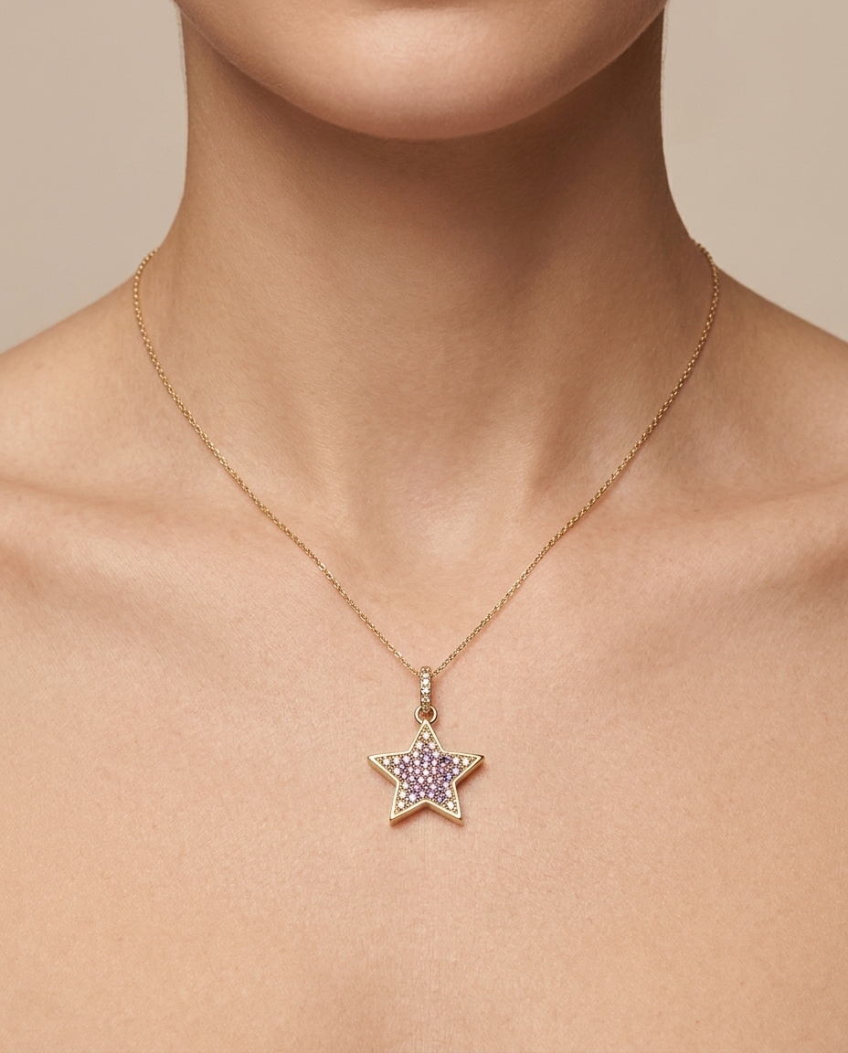 18KT Yellow Gold Star Pendant with Diamonds on model