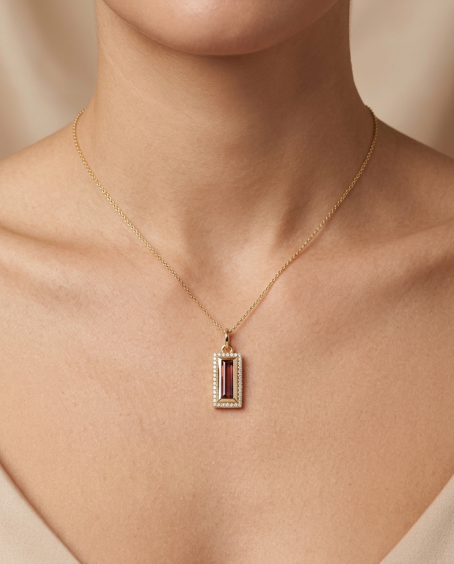 14KT Gold Tourmaline and Diamonds Pendant on model