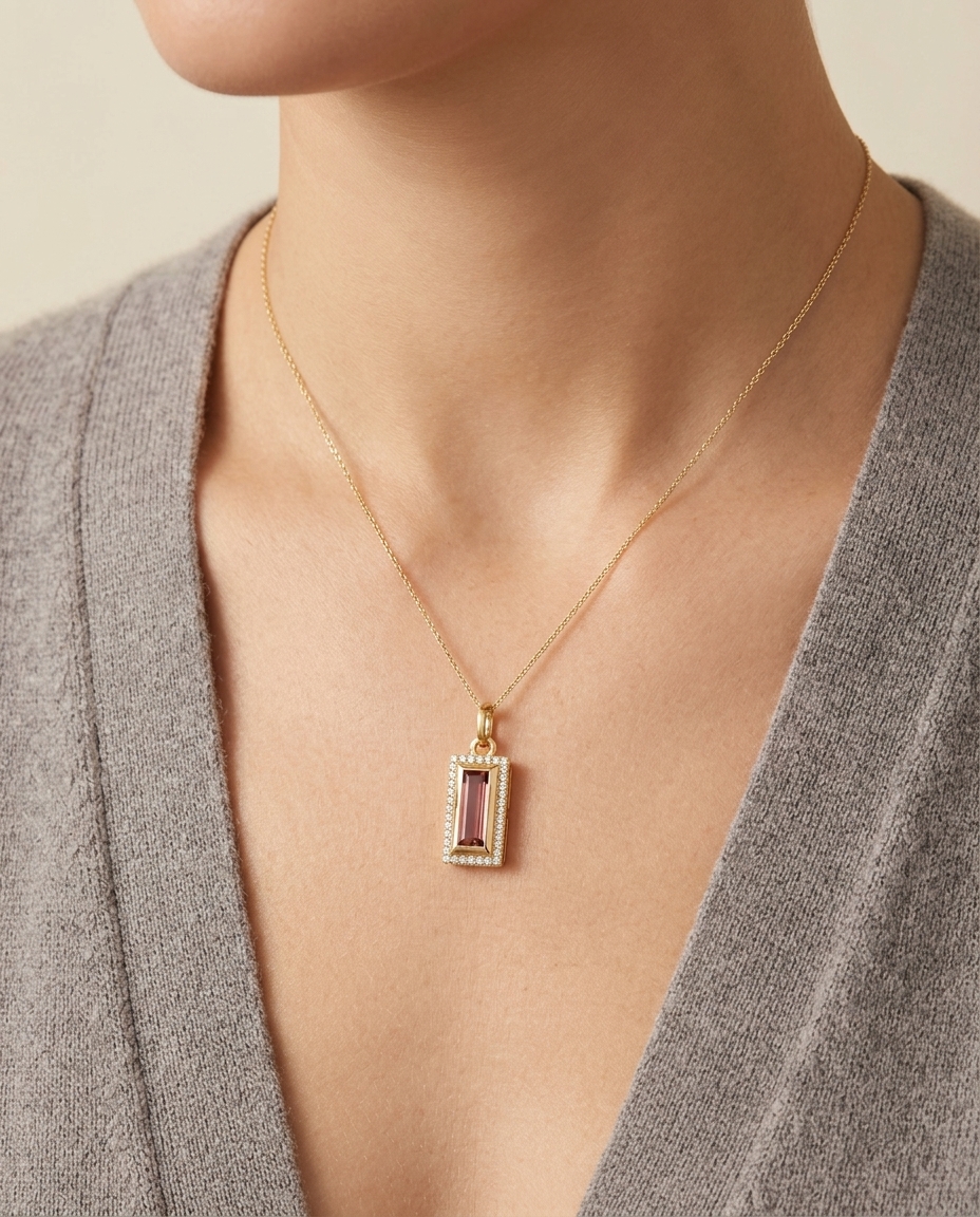 14KT Gold Tourmaline and Diamonds Pendant on model