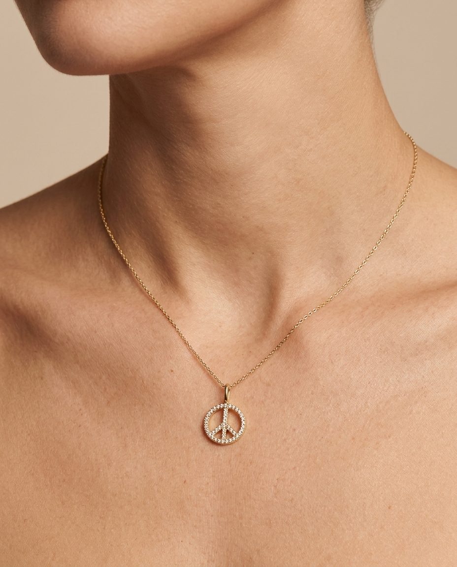 18KT Diamond Peace Sign Pendant on model
