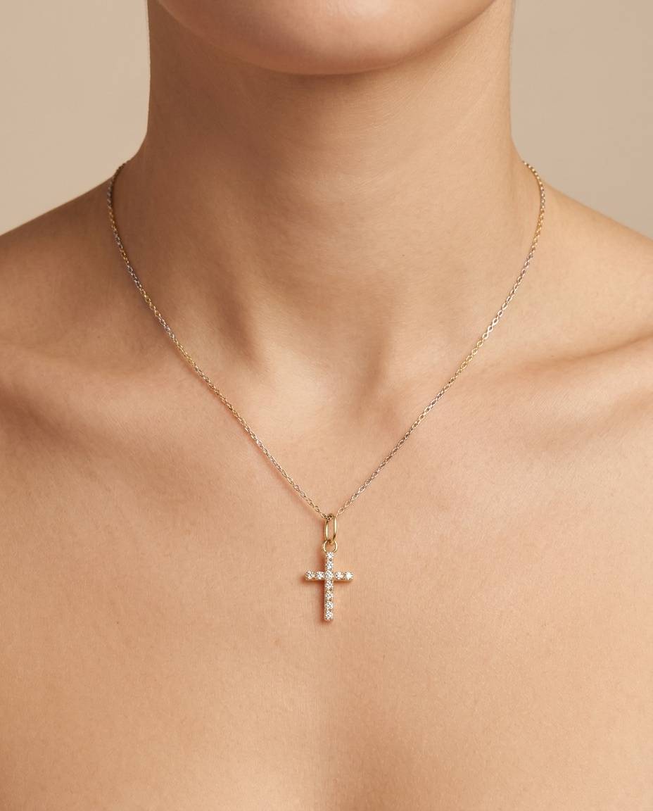 18KT Yellow Gold Cross Pendant with Diamonds on model