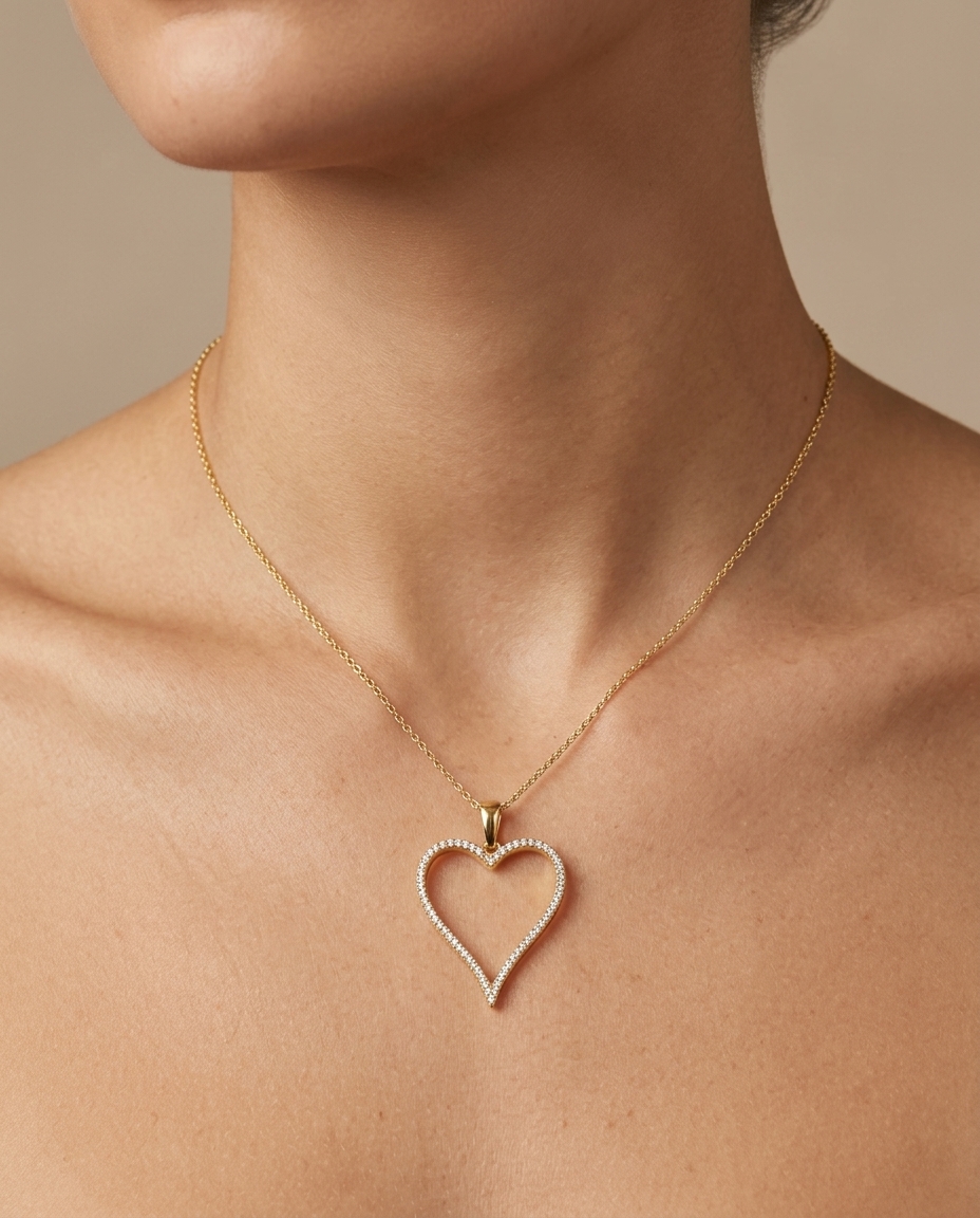 14KT Yellow Gold Diamond Heart Pendant on model