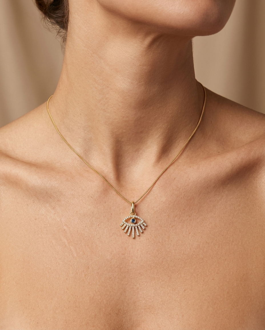18KT Gold Diamond Evil Eye with Eyelashes Pendant on model