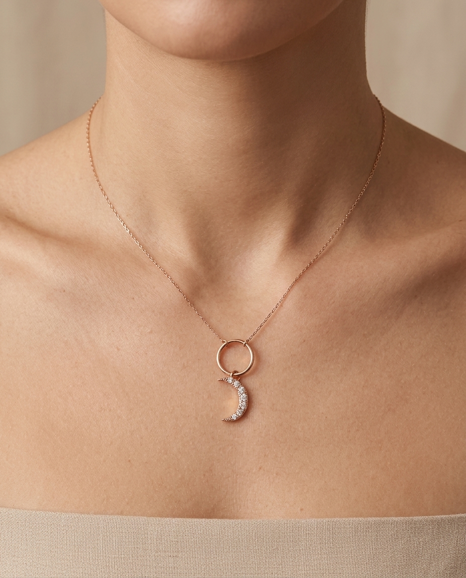 18KT Gold Diamond Half Moon Pendant on model