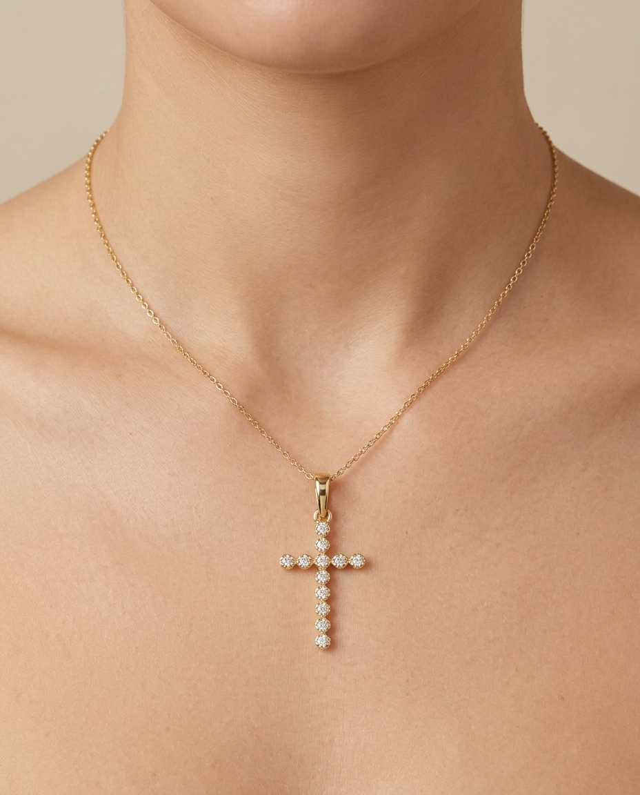 14KT Gold Cross Pendant with Diamonds view 2