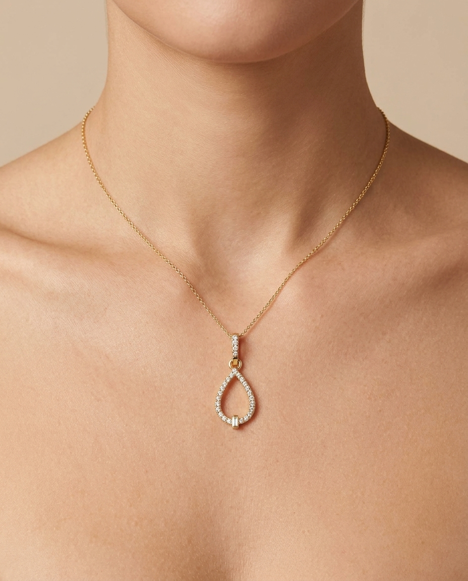 18KT Gold Diamond Pears with Baguette Pendant on model