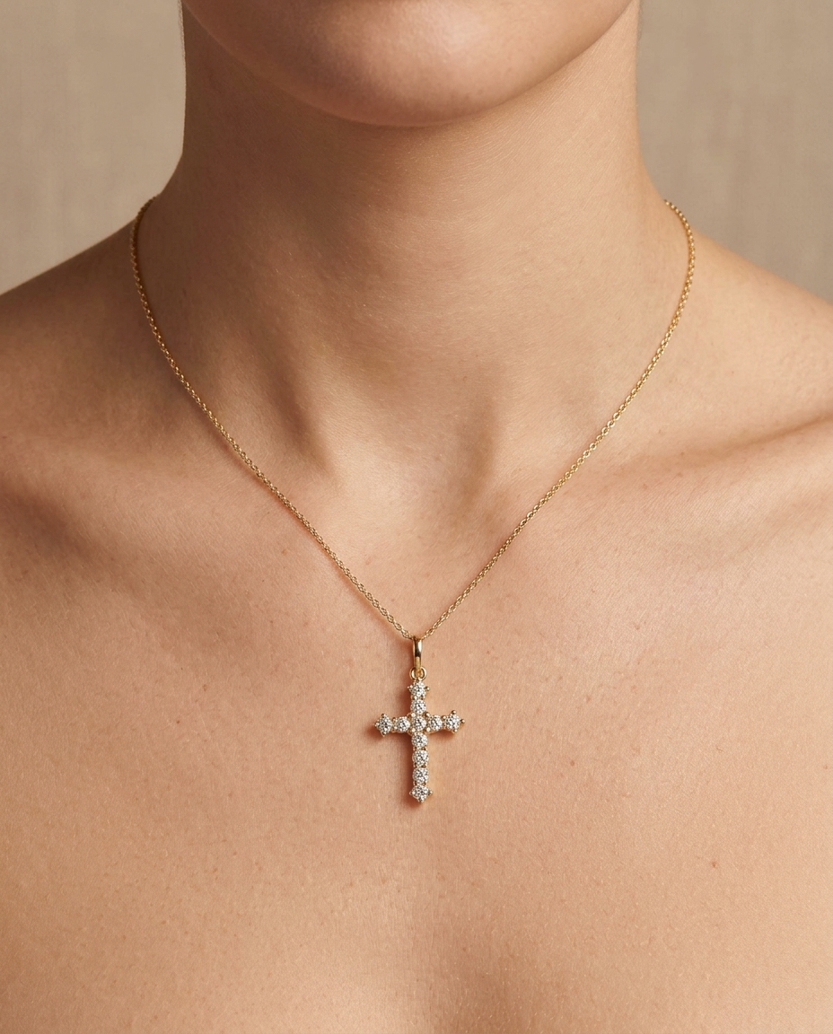 18KT Gold Diamond Cross Pendant on model