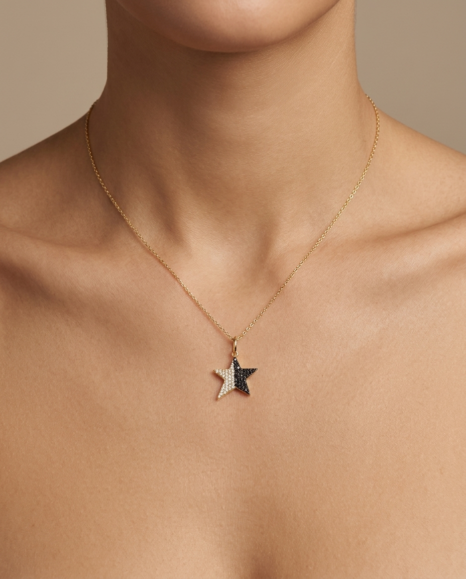 14KT Yellow Gold Star Black Diamond Pendant view 2
