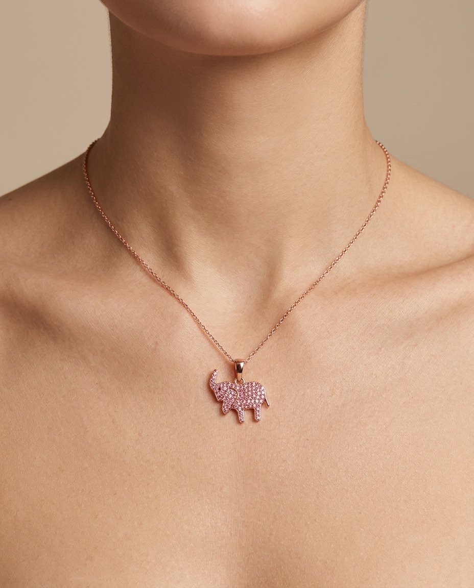 14KT Rose Gold Elephant Pink Sapphire Pendant on model