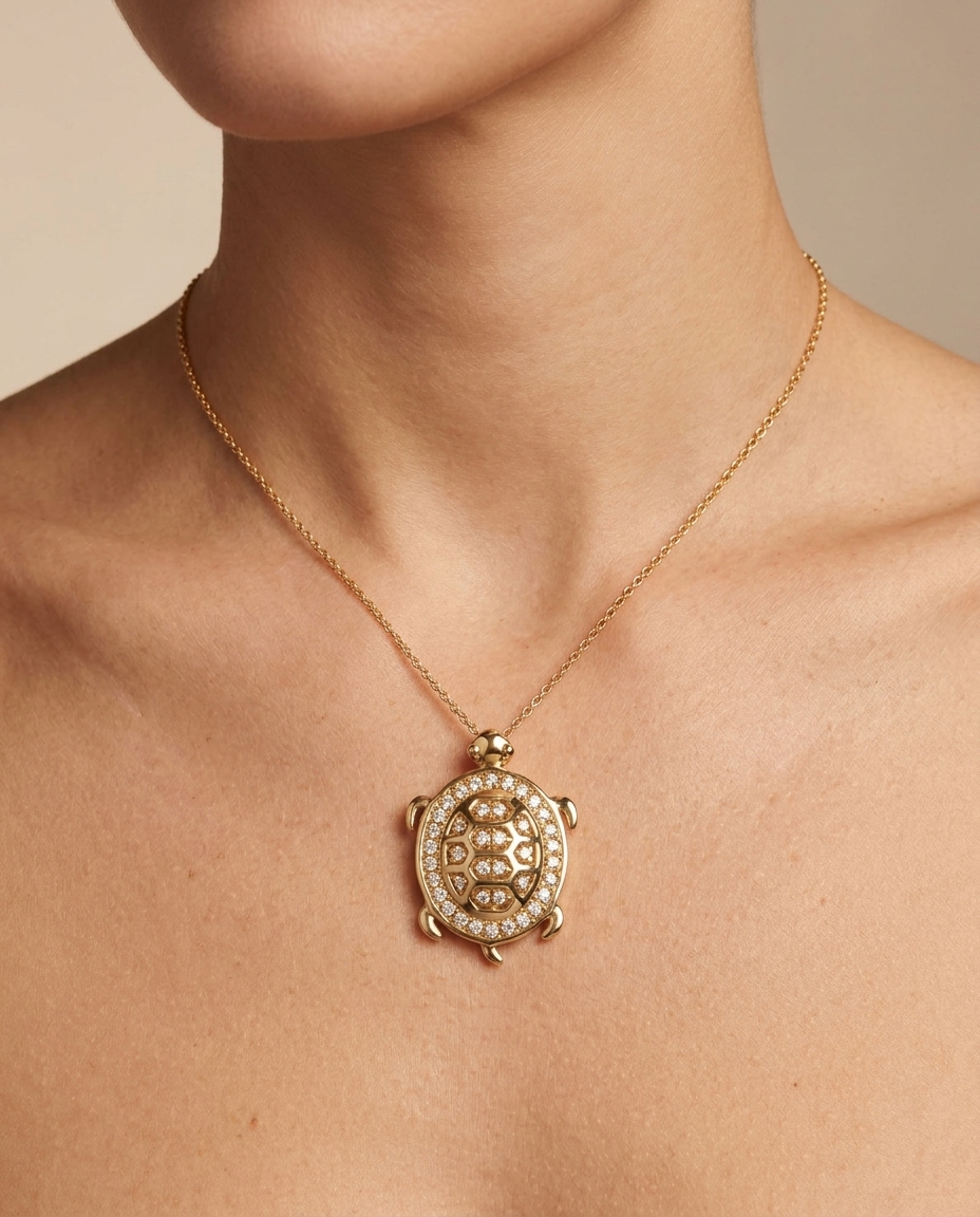18KT Gold Diamond Turtle Pendant on model