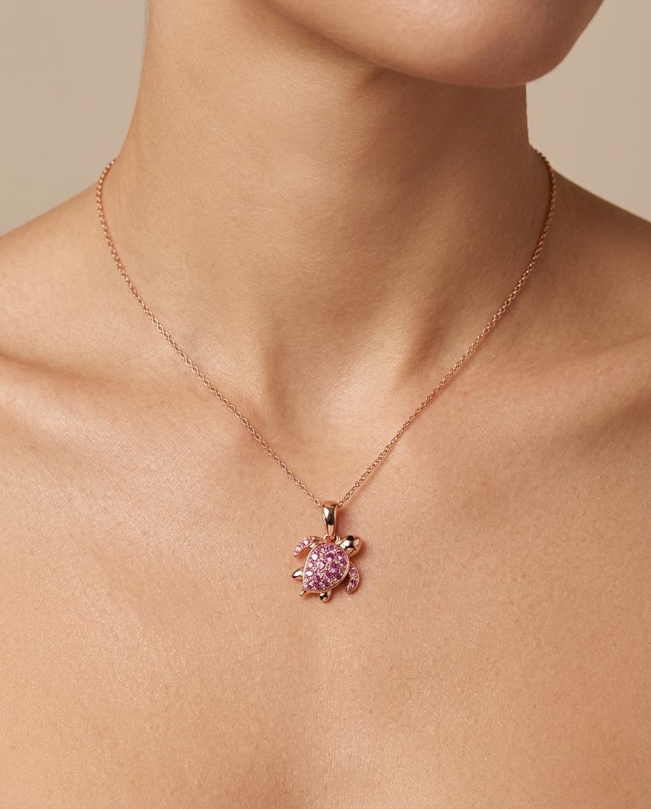 14KT Rose Gold Sea Turtle Pendant with Pink Sapphire view 2