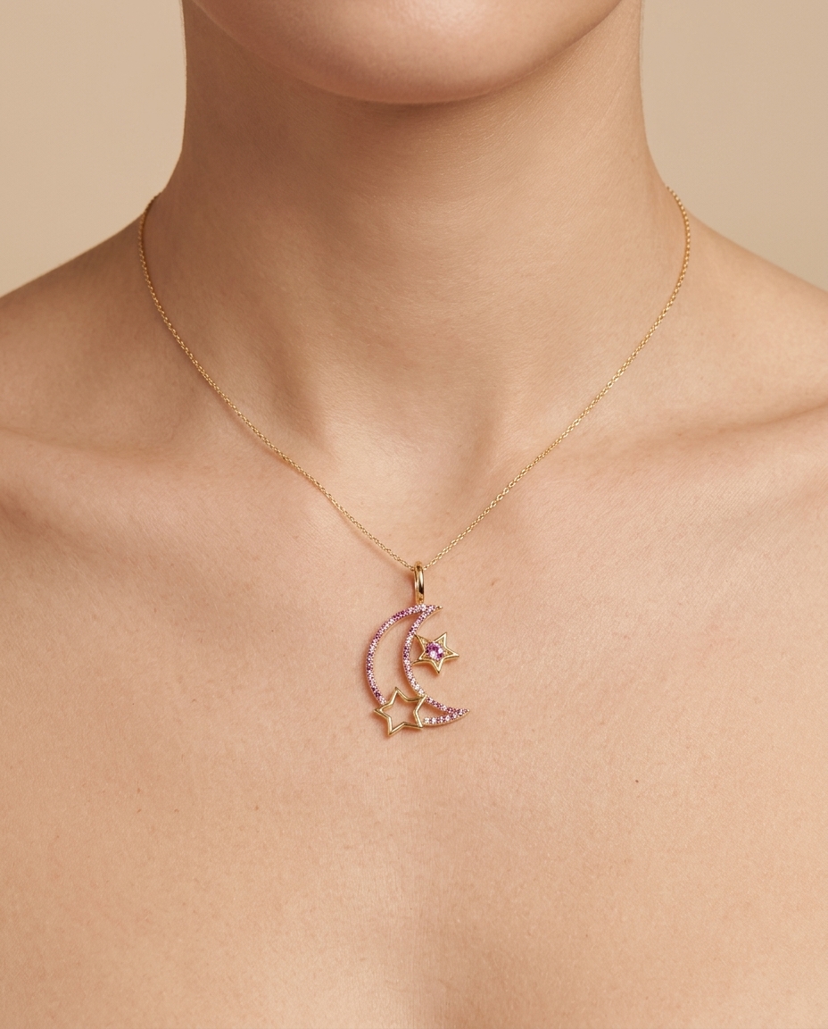 14KT Rose Gold Pink Sapphire Half Moon with Star Pendant on model