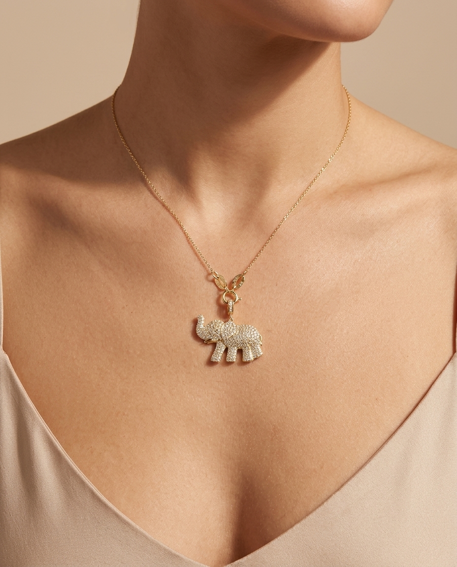 14KT Yellow Gold Elephant Pandent with Diamonds on model