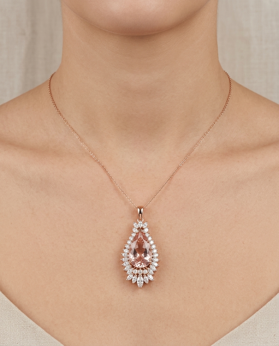 14KT Yellow Gold Morganite and Diamond Pendent on model
