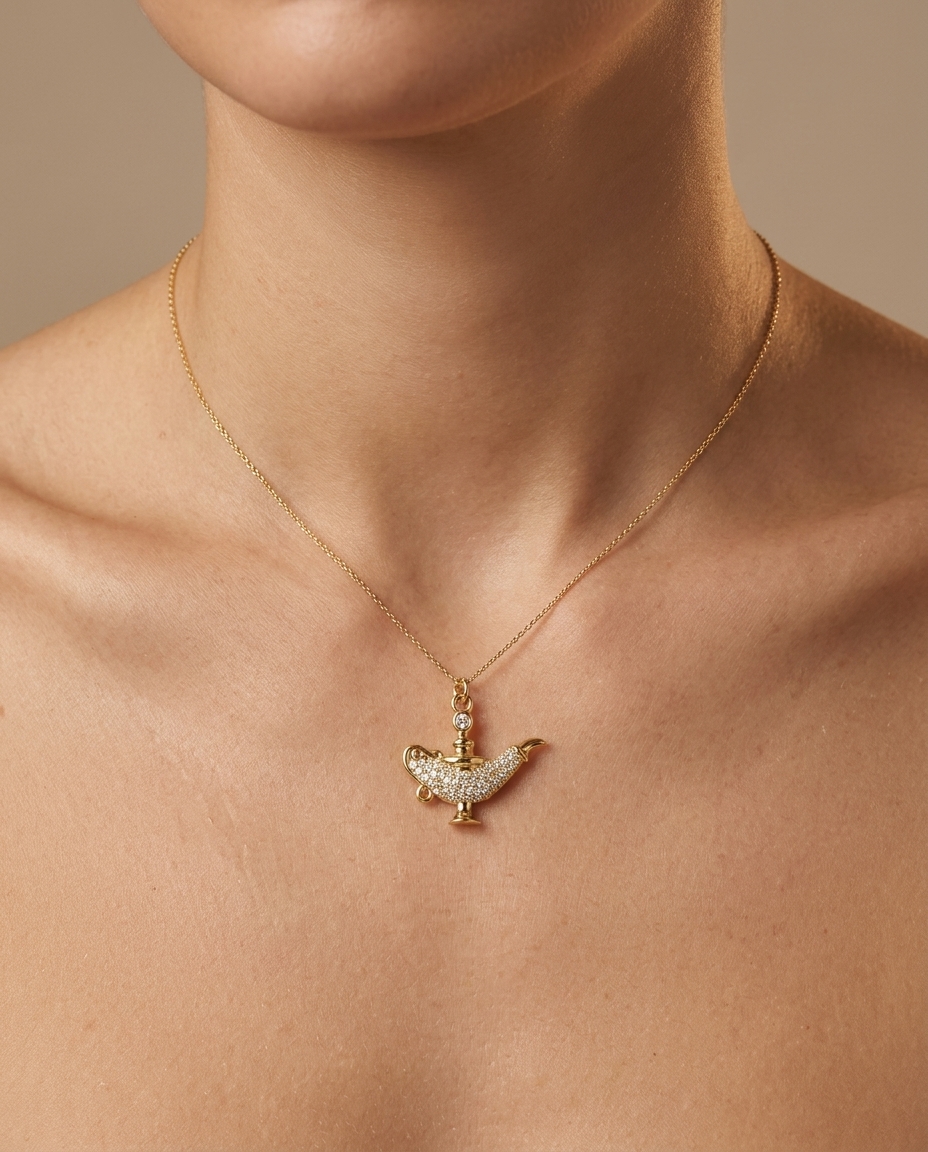 14KT Yellow Gold Genie Lamp Pendant with Diamonds on model