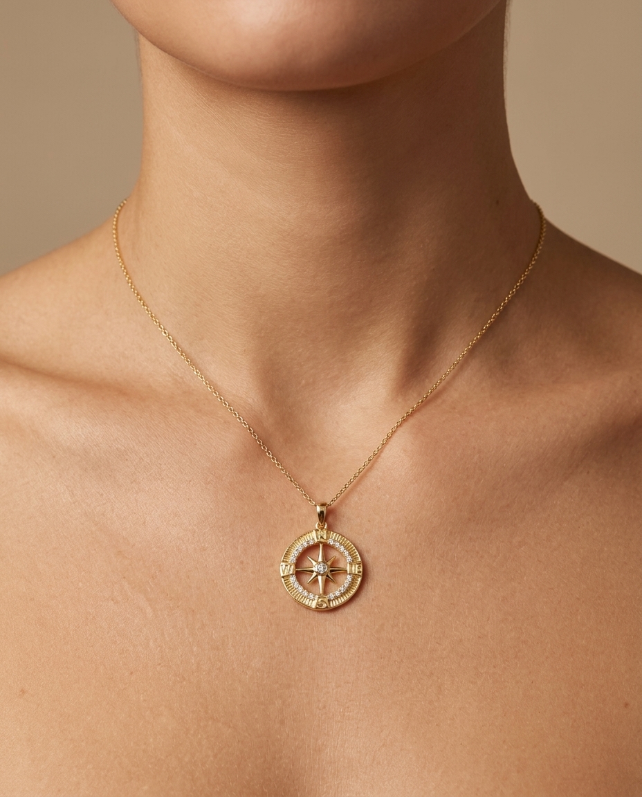 14KT Gold Compass in Circle Pendant with Diamonds on model
