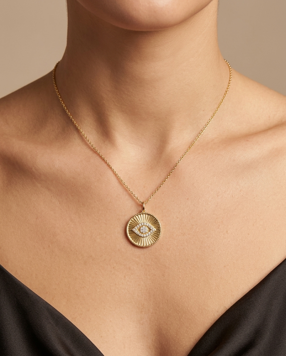 14KT Yellow Gold Evil Eye in Fluted Circle Pendant with Diamonds on model
