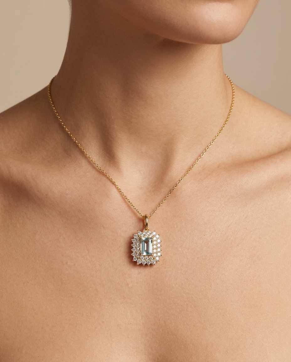 14KT Gold Aquamarine and Diamonds Pendant view 2