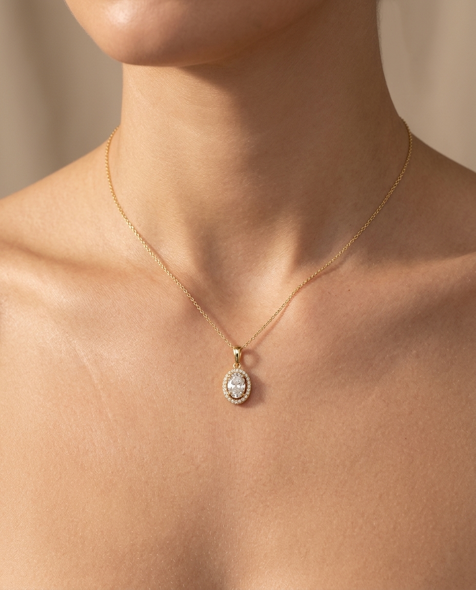 14KT Gold Diamond Pendant on model