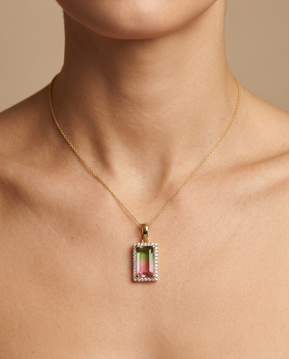 14KT Yellow Gold Watermelon Tourmaline and Diamonds Pendant on model